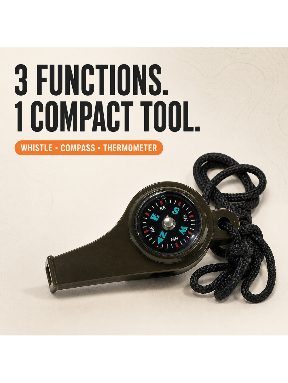 3-in-1 Survival Whistle Compass Thermometer Lanyard Camping Hiking Emergency